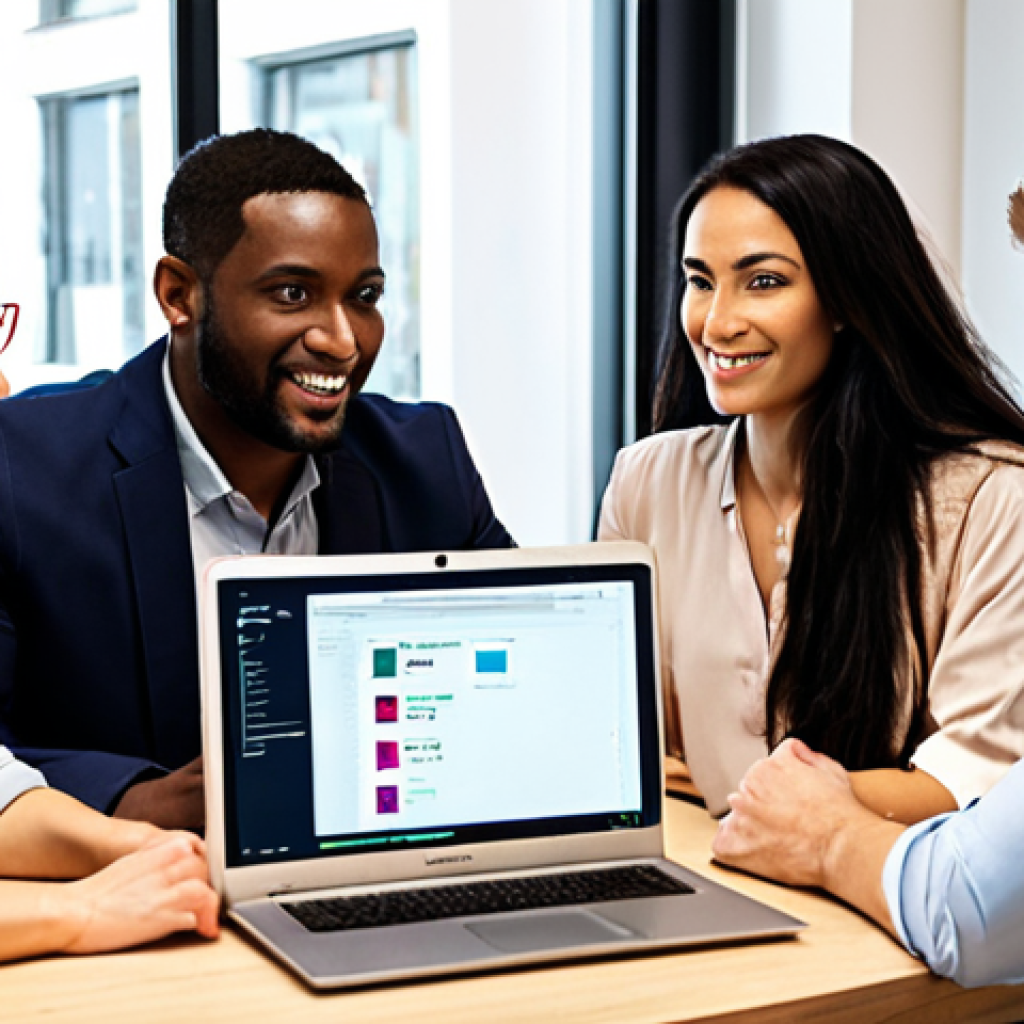 ** A diverse group of professionals collaborating around a table, some using laptops displaying AI-powered tools, others engaged in face-to-face discussion. The scene is brightly lit, conveying a sense of optimism and teamwork. Soft focus on a participant demonstrating empathy, helping a coworker understand a complex concept.

**