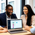 ** A diverse group of professionals collaborating around a table, some using laptops displaying AI-powered tools, others engaged in face-to-face discussion. The scene is brightly lit, conveying a sense of optimism and teamwork. Soft focus on a participant demonstrating empathy, helping a coworker understand a complex concept.

**
