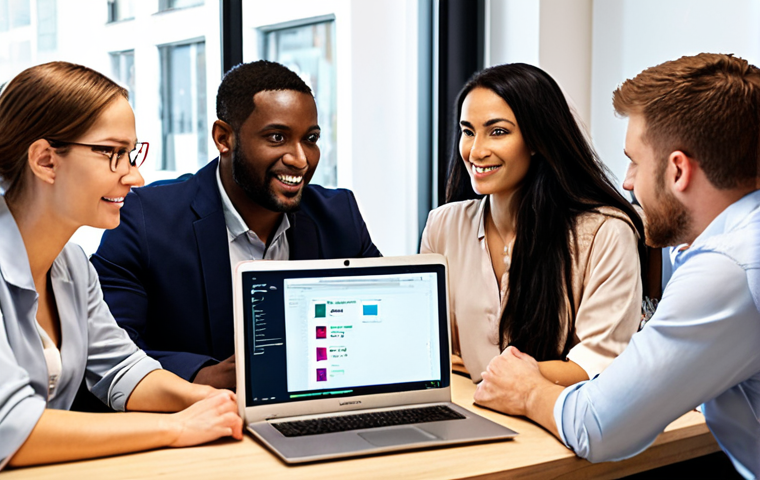 ** A diverse group of professionals collaborating around a table, some using laptops displaying AI-powered tools, others engaged in face-to-face discussion. The scene is brightly lit, conveying a sense of optimism and teamwork. Soft focus on a participant demonstrating empathy, helping a coworker understand a complex concept.
**