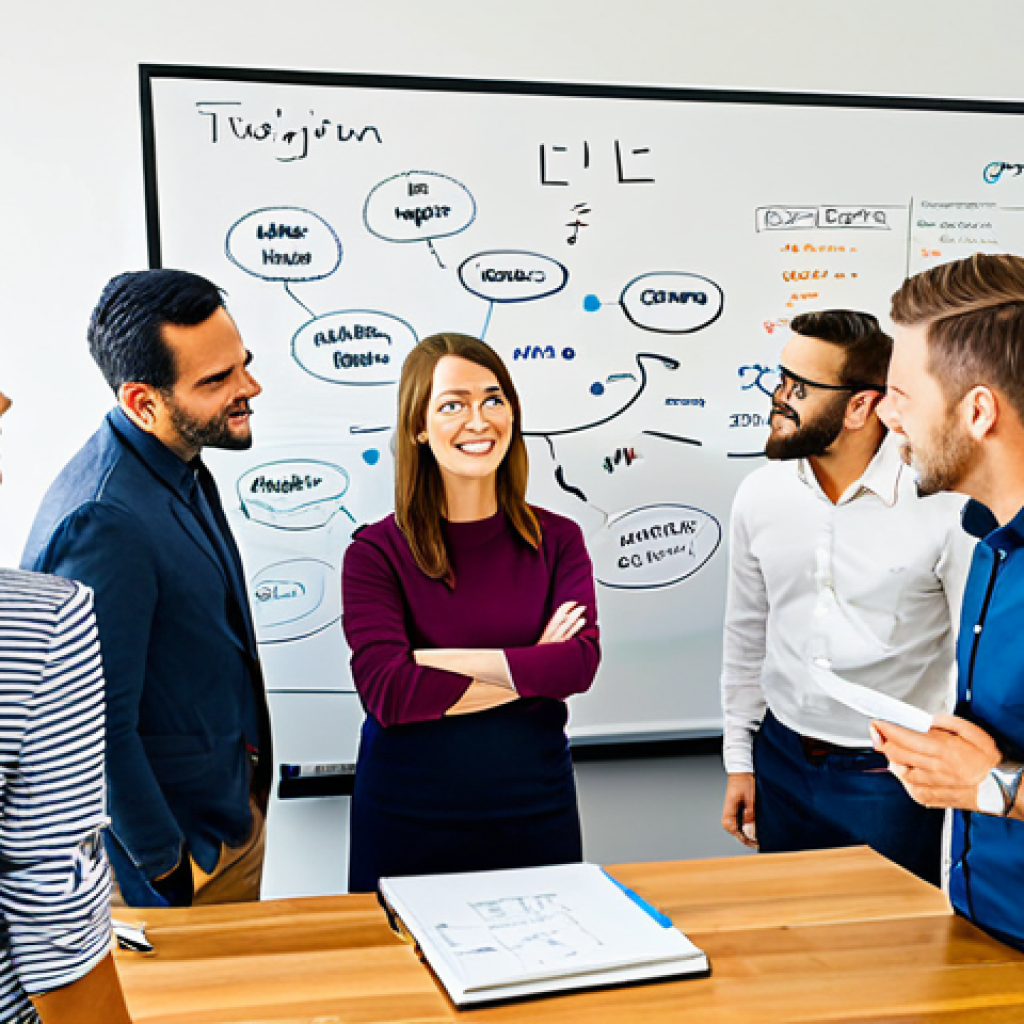 Idea Generation Brainstorm**
"A diverse group of professionals collaborating around a whiteboard filled with ideas, keywords highlighted, and brainstorming notes, modern office setting, fully clothed, appropriate attire, safe for work, perfect anatomy, correct proportions, professional, vibrant colors, well-lit, family-friendly."
**