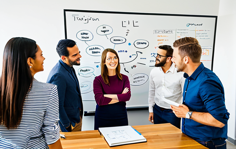 Idea Generation Brainstorm**
"A diverse group of professionals collaborating around a whiteboard filled with ideas, keywords highlighted, and brainstorming notes, modern office setting, fully clothed, appropriate attire, safe for work, perfect anatomy, correct proportions, professional, vibrant colors, well-lit, family-friendly."
**