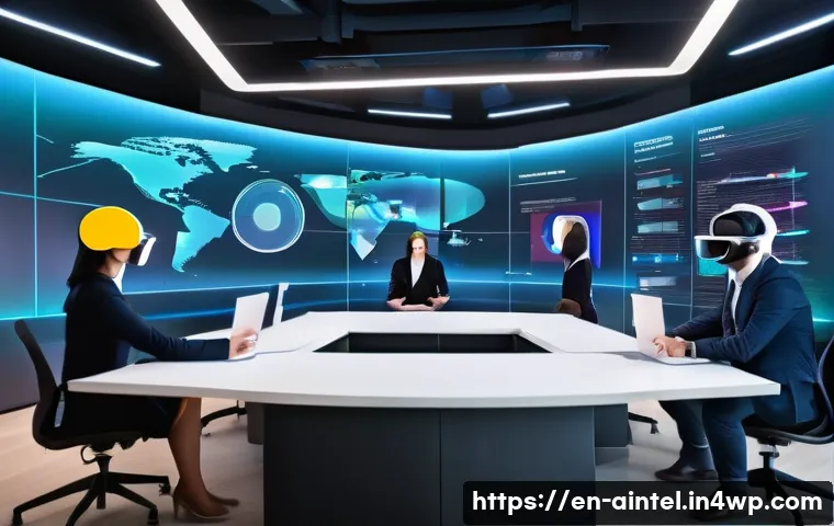 AI 시대의 갈등 해결 기술 - A modern digital mediation room with diverse professionals wearing business casual attire, interacti...