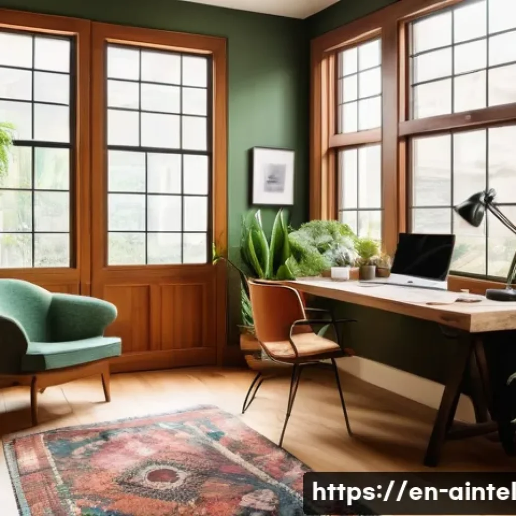 창의성을 키우는 방법 - A cozy creative home office bathed in warm natural sunlight streaming through large windows, filled ...