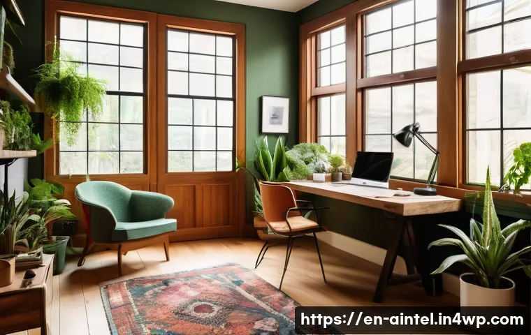 창의성을 키우는 방법 - A cozy creative home office bathed in warm natural sunlight streaming through large windows, filled ...