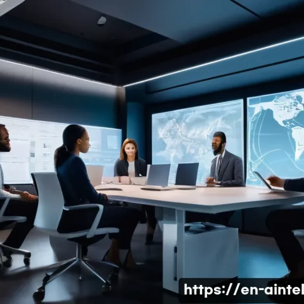 AI의 데이터와 인간의 경험 결합 - A modern office setting where a diverse team of professionals collaborates with a sleek AI holograph...