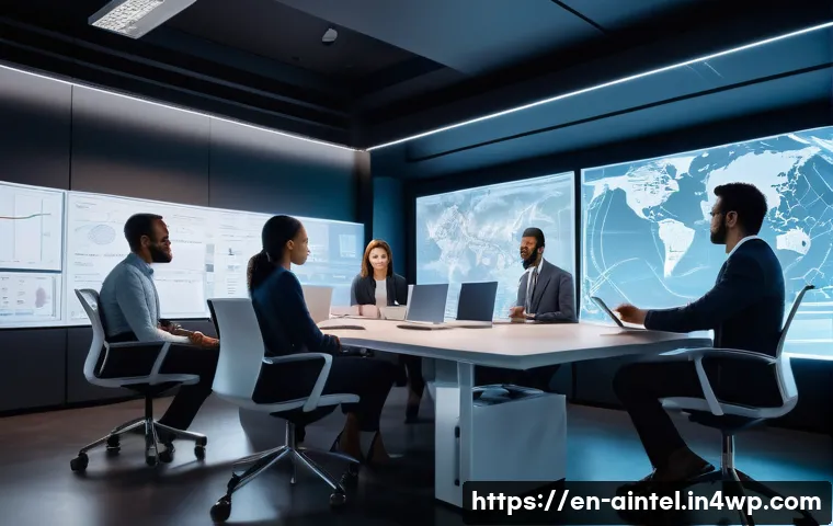 AI의 데이터와 인간의 경험 결합 - A modern office setting where a diverse team of professionals collaborates with a sleek AI holograph...