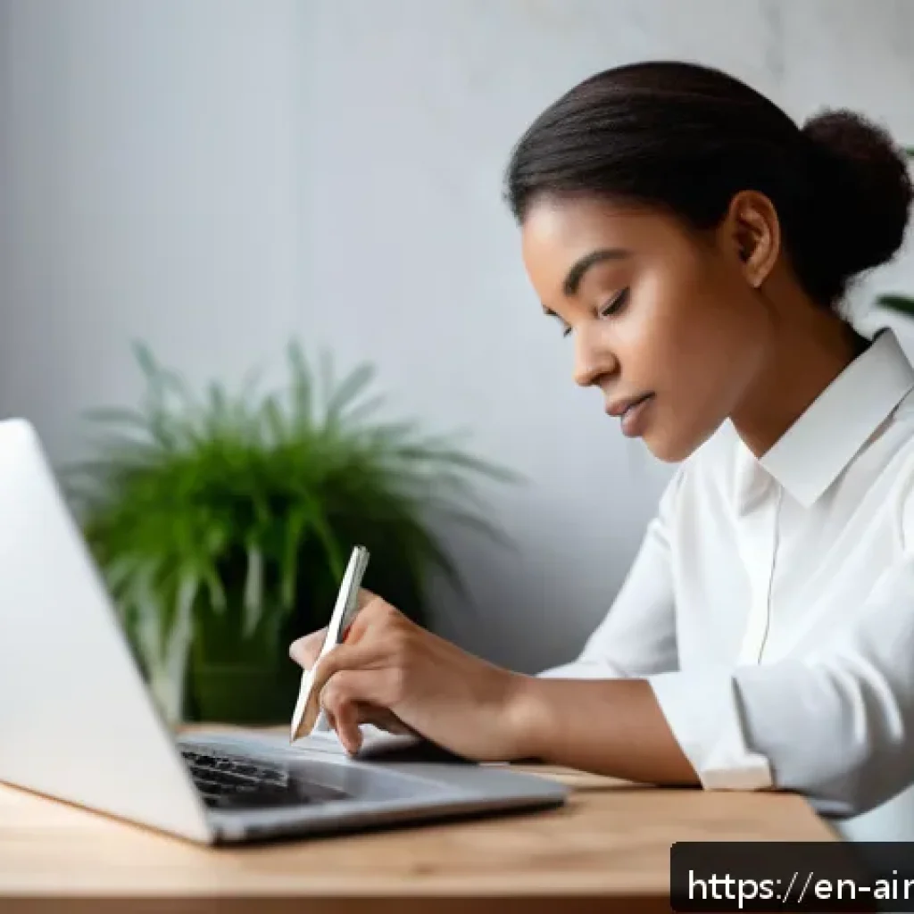 AI 기술을 활용한 개인 브랜드 개발 - A professional digital workspace scene featuring a diverse young adult woman thoughtfully journaling...