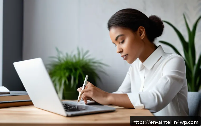 AI 기술을 활용한 개인 브랜드 개발 - A professional digital workspace scene featuring a diverse young adult woman thoughtfully journaling...