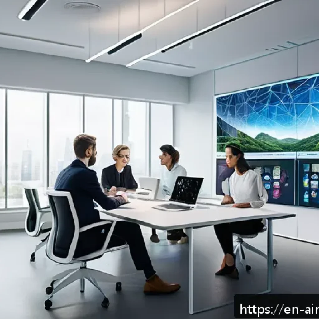 AI와 함께하는 문제 해결의 새로운 접근 - A futuristic office scene showing diverse professionals collaborating around a large transparent dig...