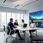 Home 22 AI와 함께하는 문제 해결의 새로운 접근 - A futuristic office scene showing diverse professionals collaborating around a large transparent dig...