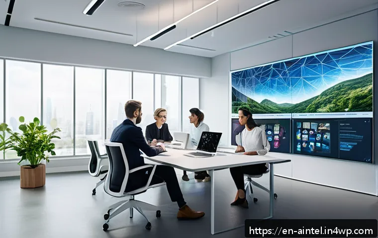 AI와 함께하는 문제 해결의 새로운 접근 - A futuristic office scene showing diverse professionals collaborating around a large transparent dig...