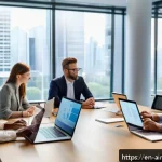 Home 21 AI 시대에 필요한 결단력 향상 방법 - A professional office scene featuring a diverse group of adults engaged in a collaborative decision-...