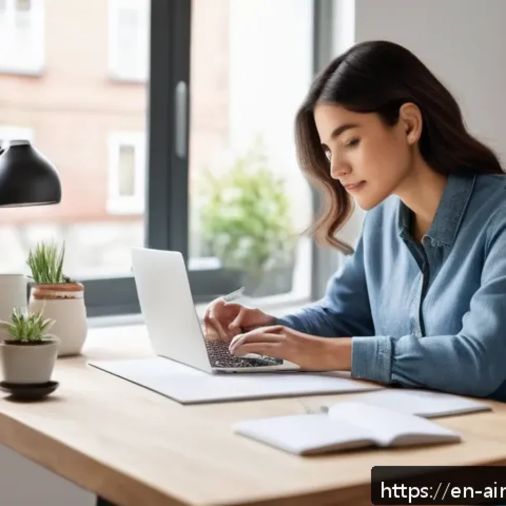 AI 시대의 자기 관리 능력 개발 - A modern, bright home office scene featuring a young professional focused intensely on a laptop scre...