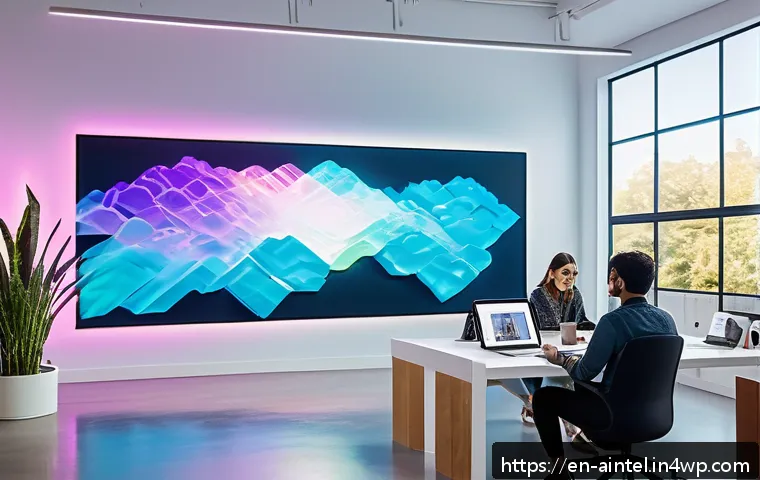 AI와 함께 발전하는 인간의 창의성 - A futuristic creative studio featuring a diverse group of artists and designers collaborating with a...