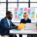 Home 18 AI 시대의 직업 안정성을 위한 인간 강점 - A modern office scene showing diverse professionals engaged in a collaborative brainstorming session...
