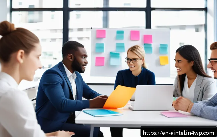AI 시대의 직업 안정성을 위한 인간 강점 - A modern office scene showing diverse professionals engaged in a collaborative brainstorming session...