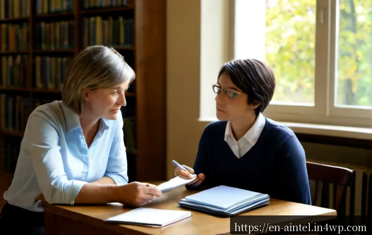 인간 고유의 윤리적 판단력 개발 - Photorealistic scene of a thoughtful middle-aged teacher seated at a sunlit library table with two a...