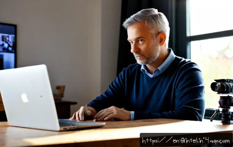 Home 17 AI 시대의 개인의 가치 창출 방법 - Photorealistic home workspace showing a confident middle-aged freelance creator using an AI-assisted...